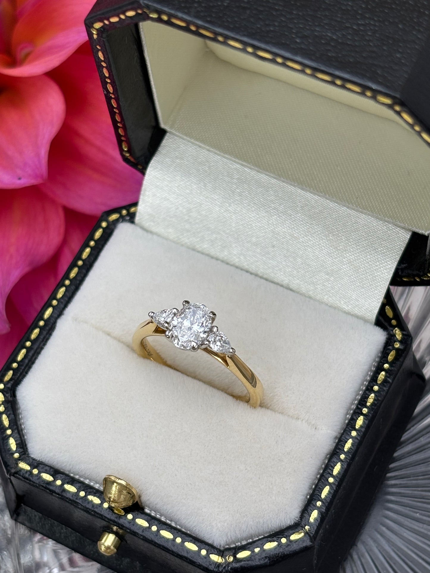 18ct Yellow Gold and Platinum Oval and Pear Cut Diamond Engagement Ring.
