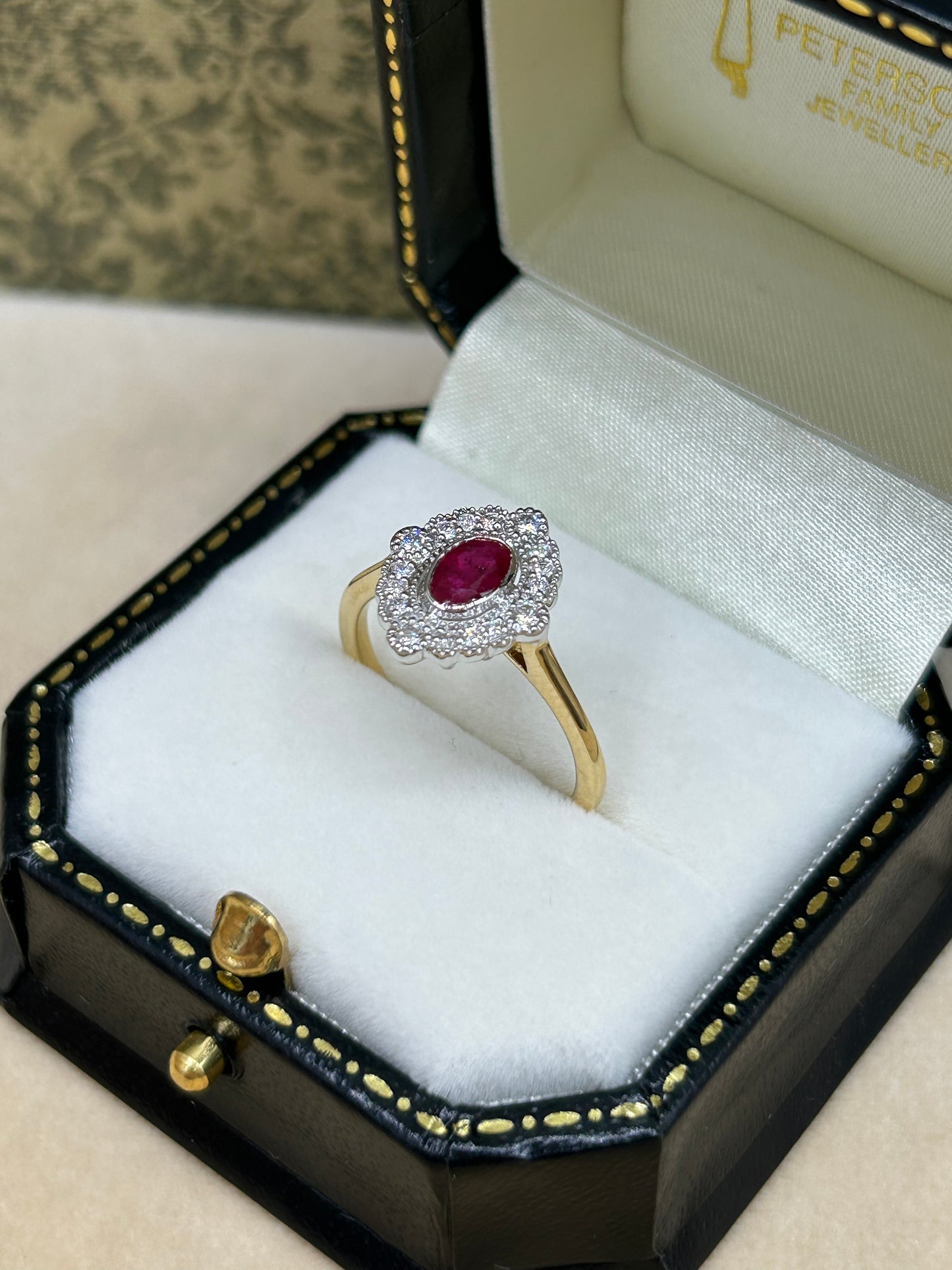 18ct Gold Ruby and Diamond Halo Cluster Ring