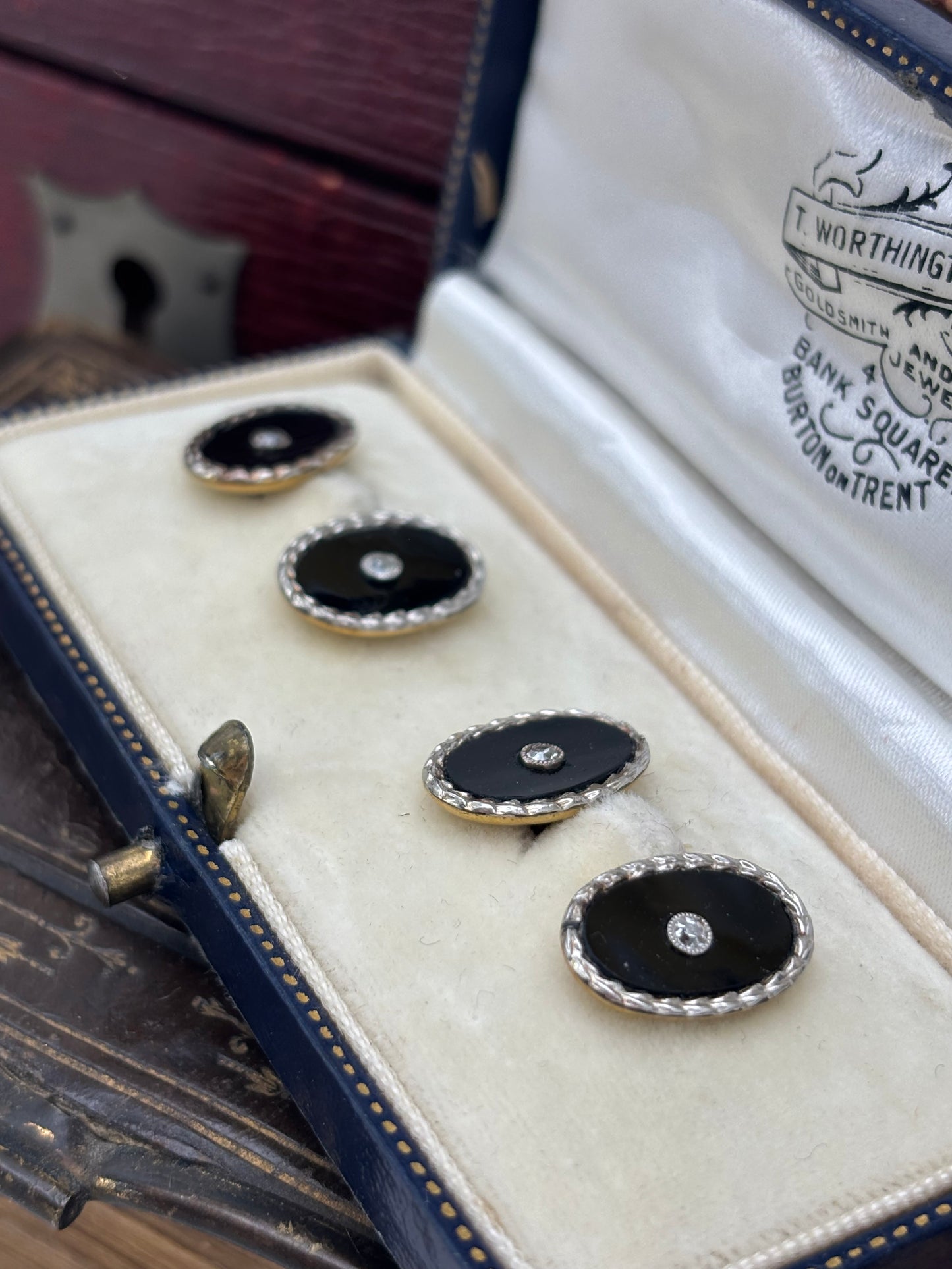 Antique 18ct Gold Onyx and Diamond Cuff Links