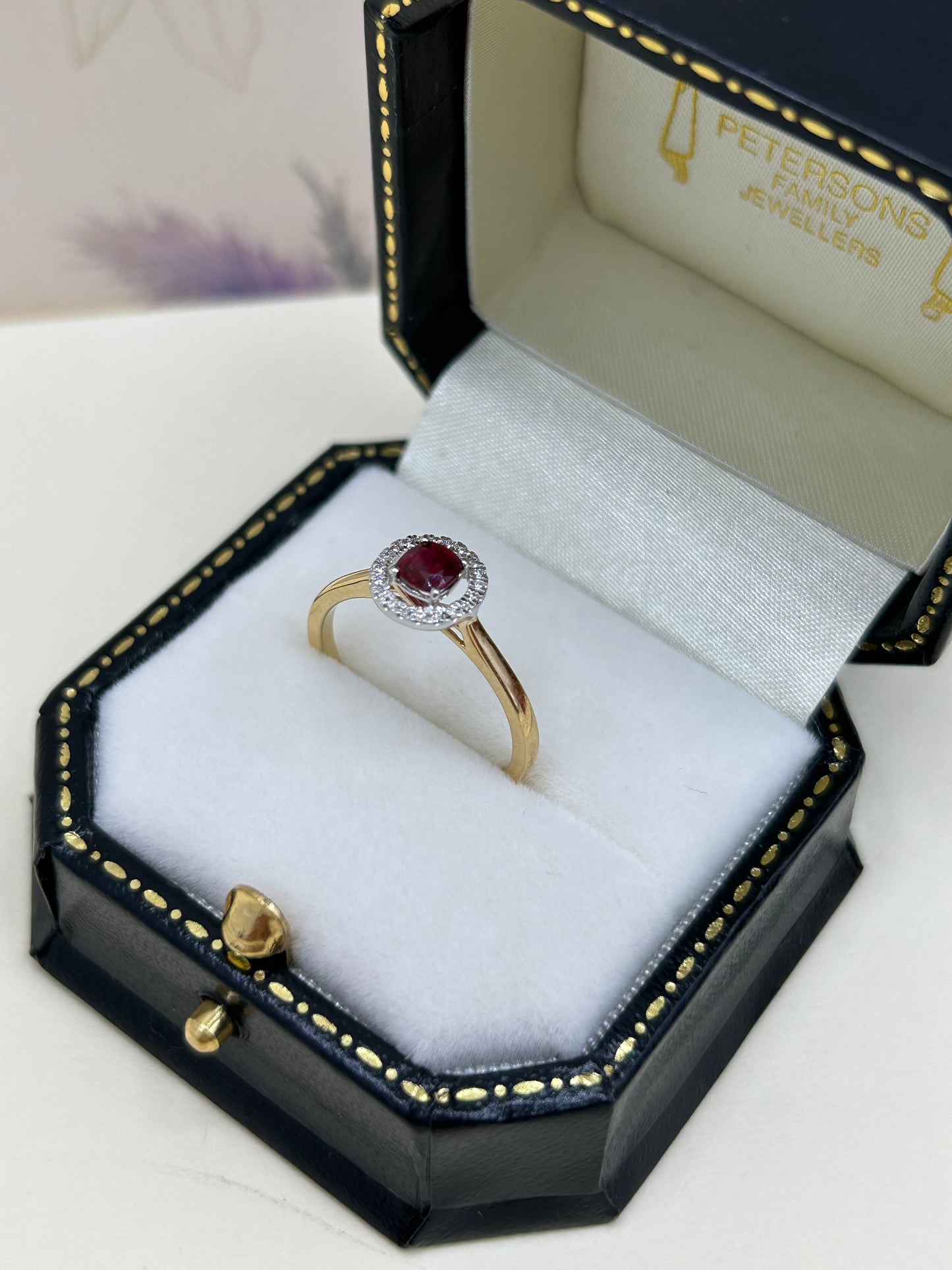 18ct Gold Ruby and Diamond Halo Cluster Ring