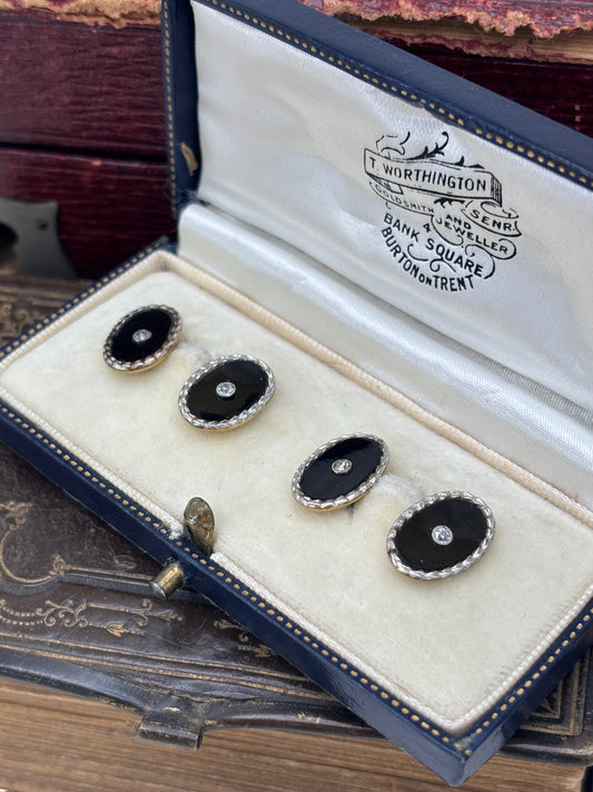 Antique 18ct Gold Onyx and Diamond Cuff Links
