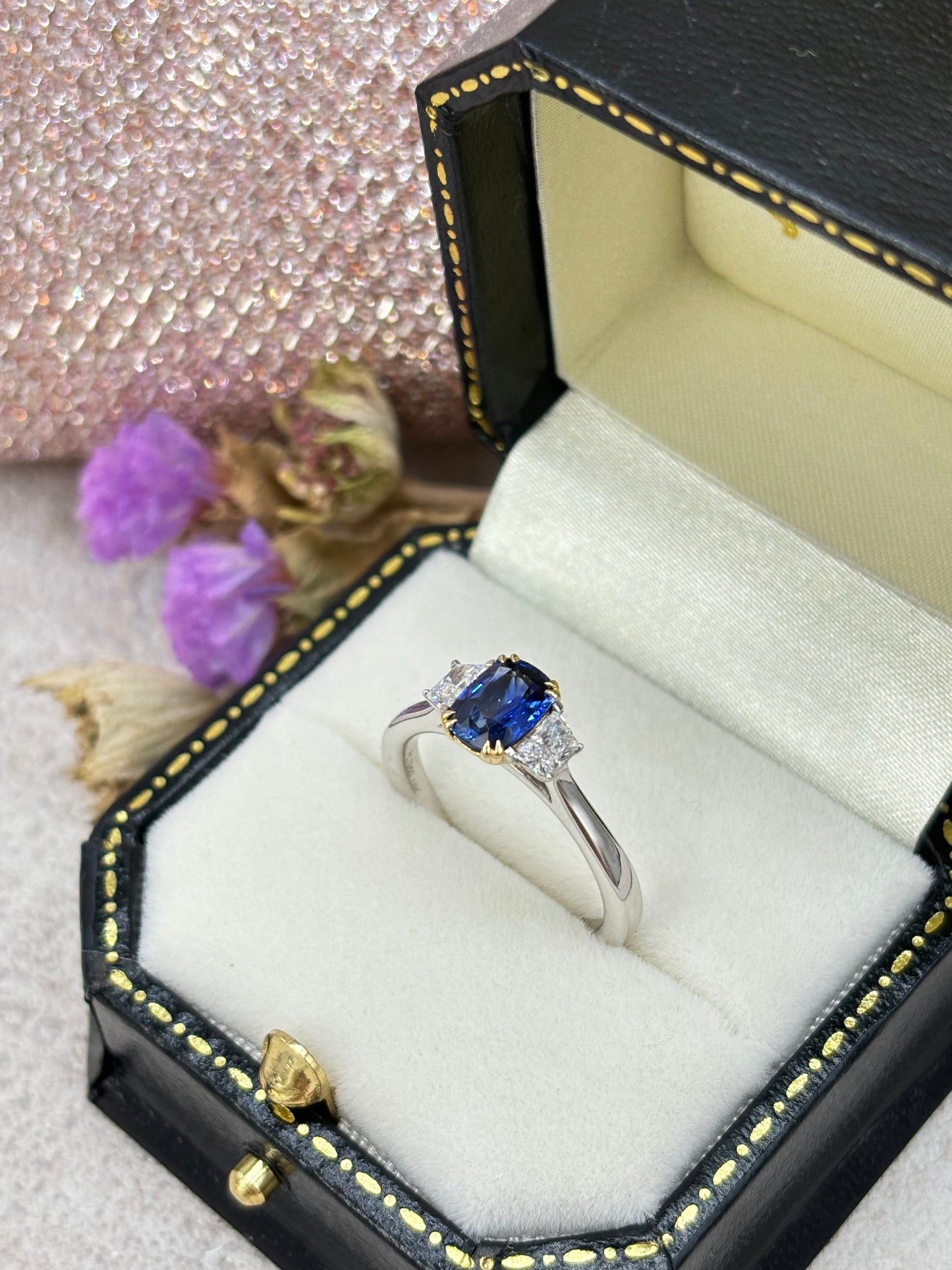 Platinum Sapphire and Diamond Three Stone Ring.