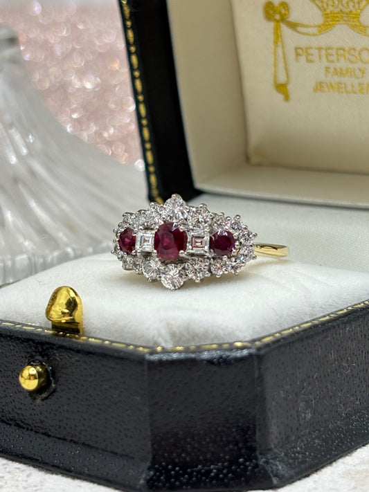 18ct Gold Ruby and Diamond Cluster Ring - pre-owned