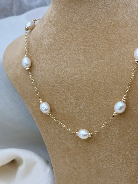 9ct Yellow Gold Pearl and Chain Necklace -11mm