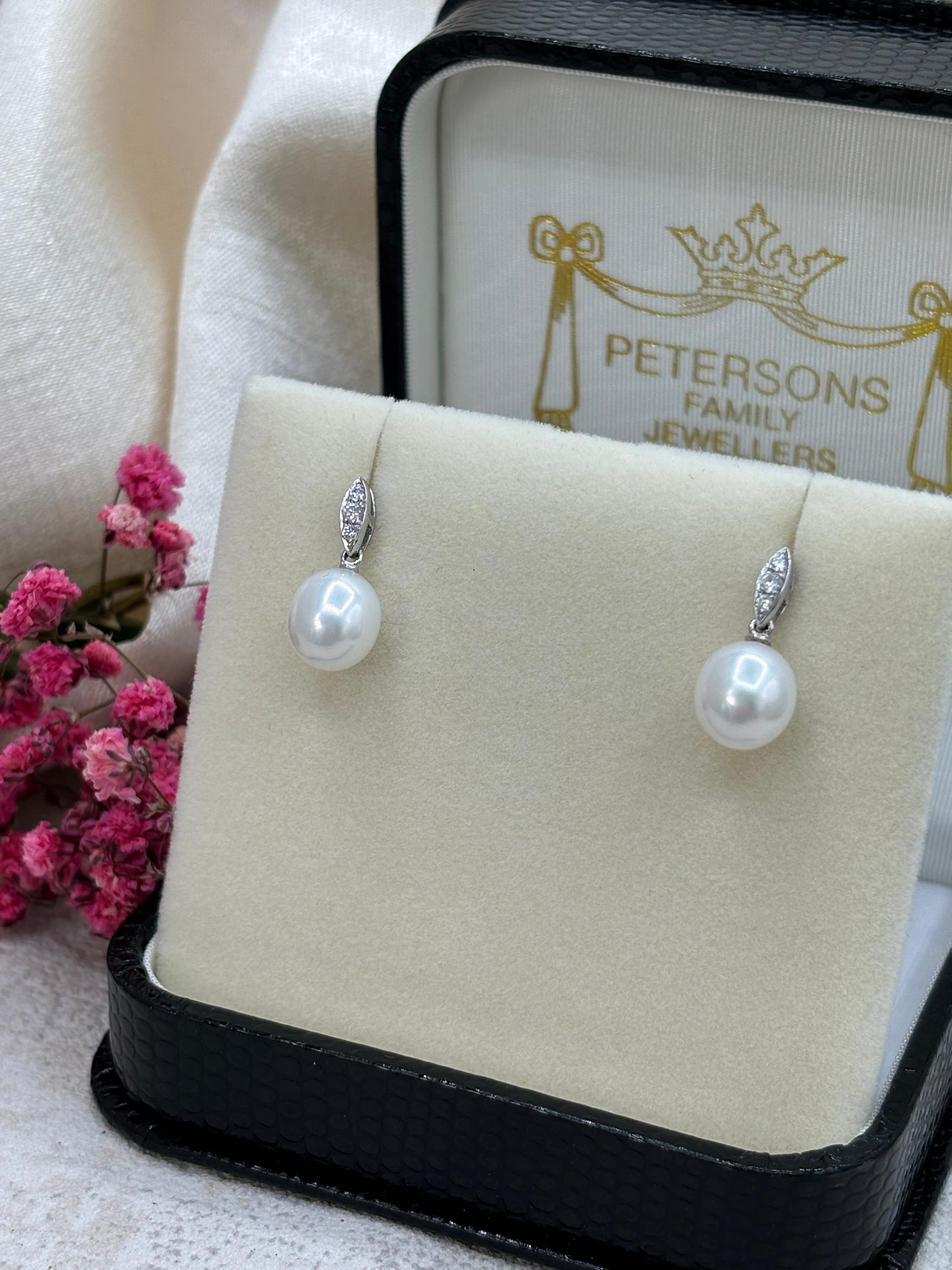 18ct White Gold Pearl and Diamond Drop Earrings
