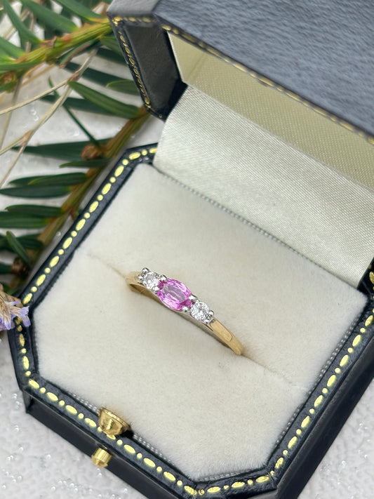 18ct Gold Pink Sapphire and Diamond Three Stone Ring - Pre-owned