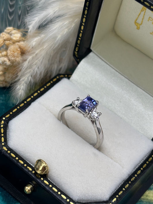 Platinum Tanzanite and Diamond Three Stone Ring.