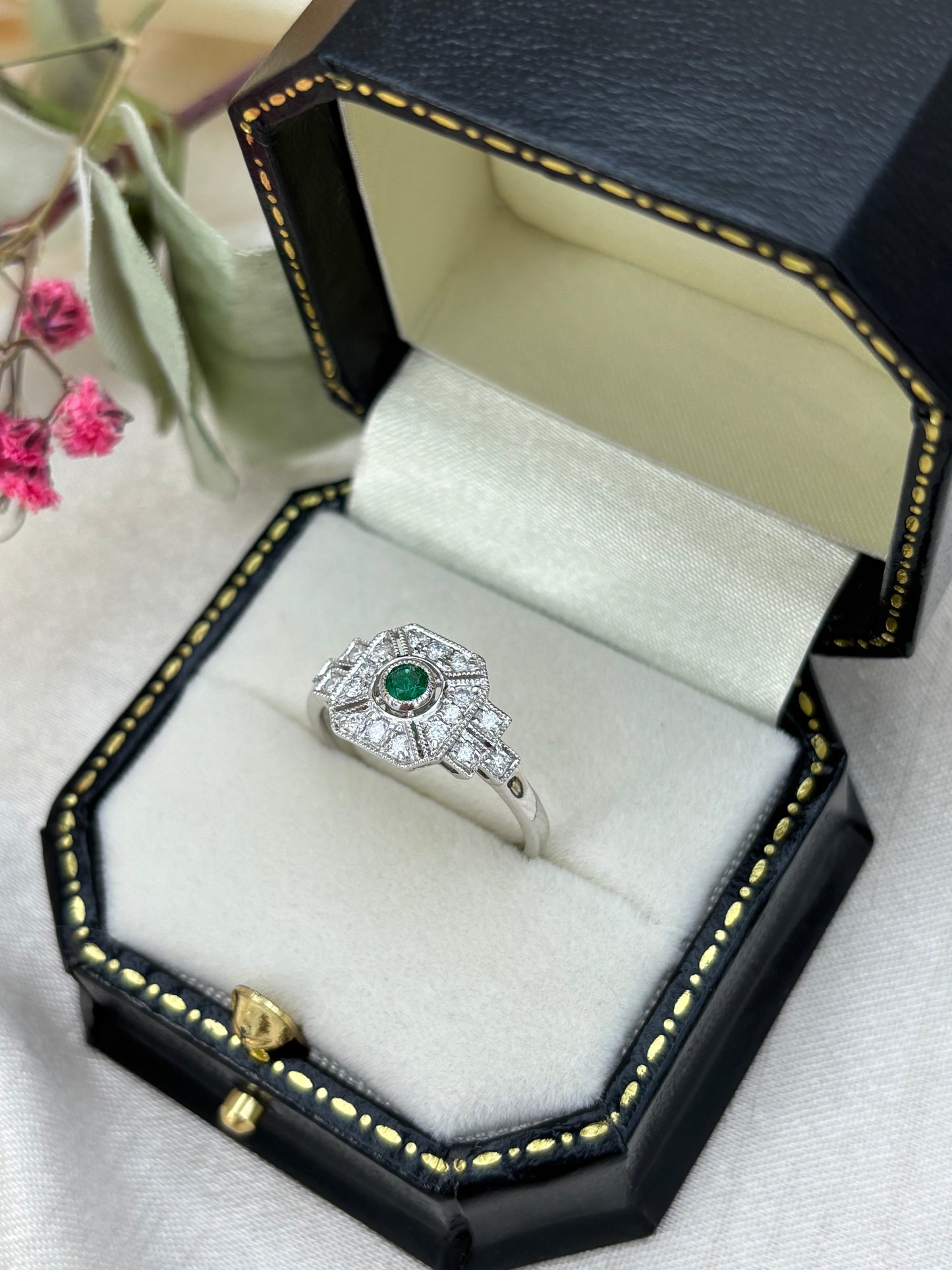 Vintage Style Platinum Emerald and Diamond Ring