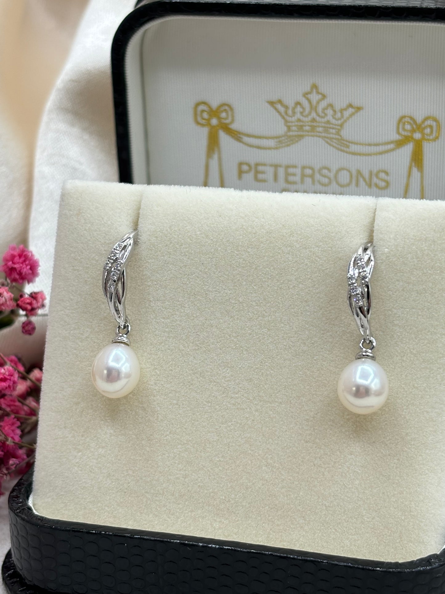 9ct White Gold Pearl and Diamond Drop Earrings