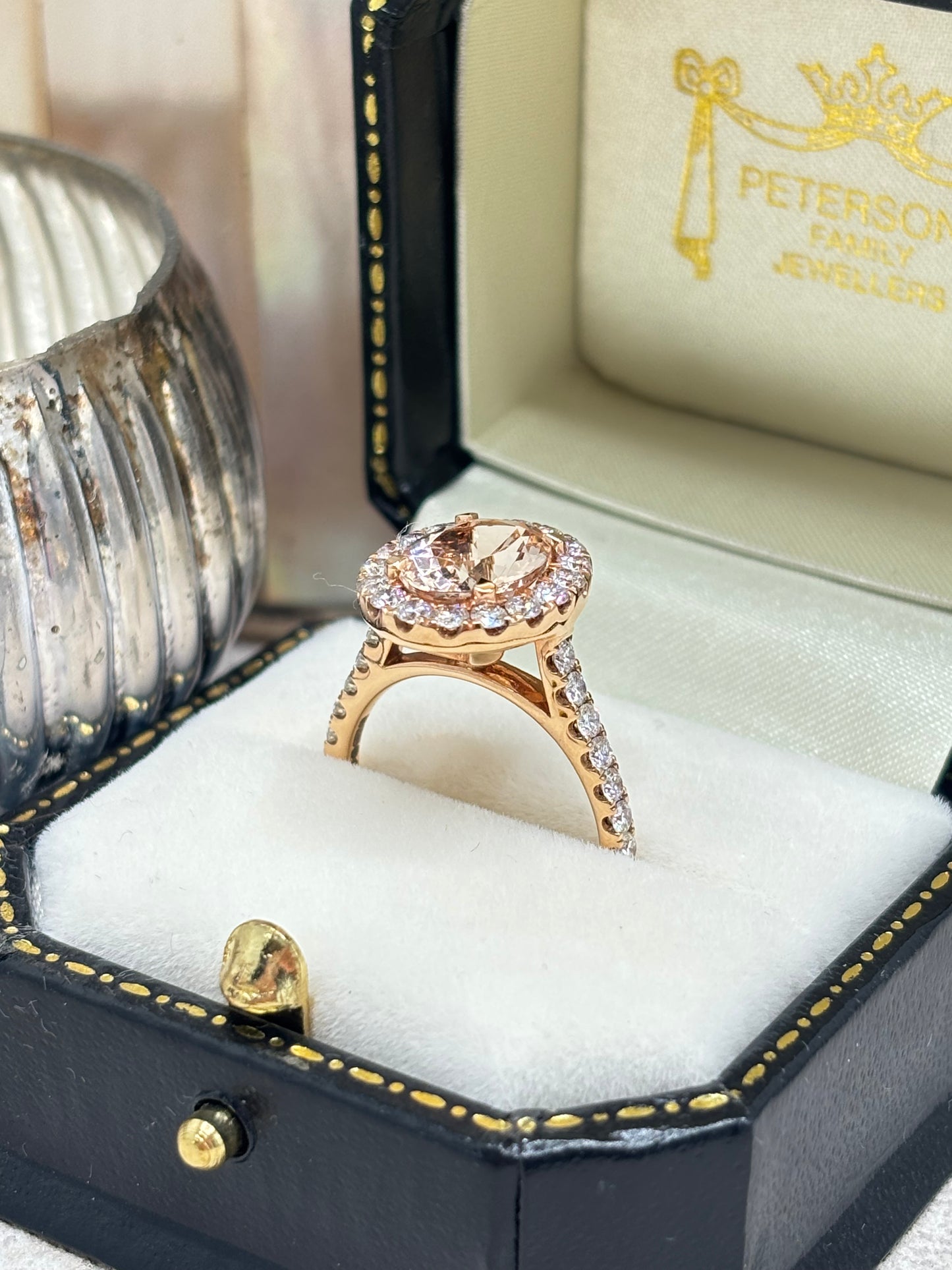 18ct Rose Gold Morganite and Diamond Dress Ring.