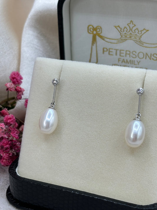 9ct White Gold Pearl and Diamond Drop Earrings