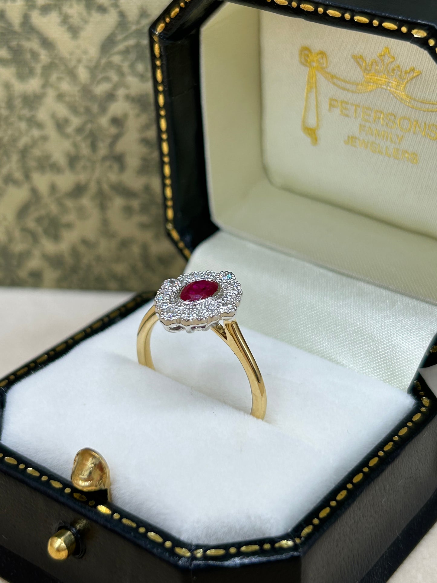 18ct Gold Ruby and Diamond Halo Cluster Ring