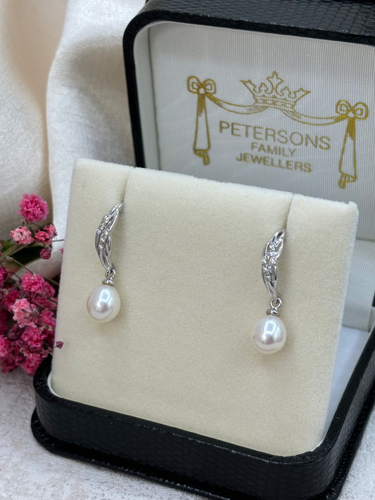 9ct White Gold Pearl and Diamond Drop Earrings