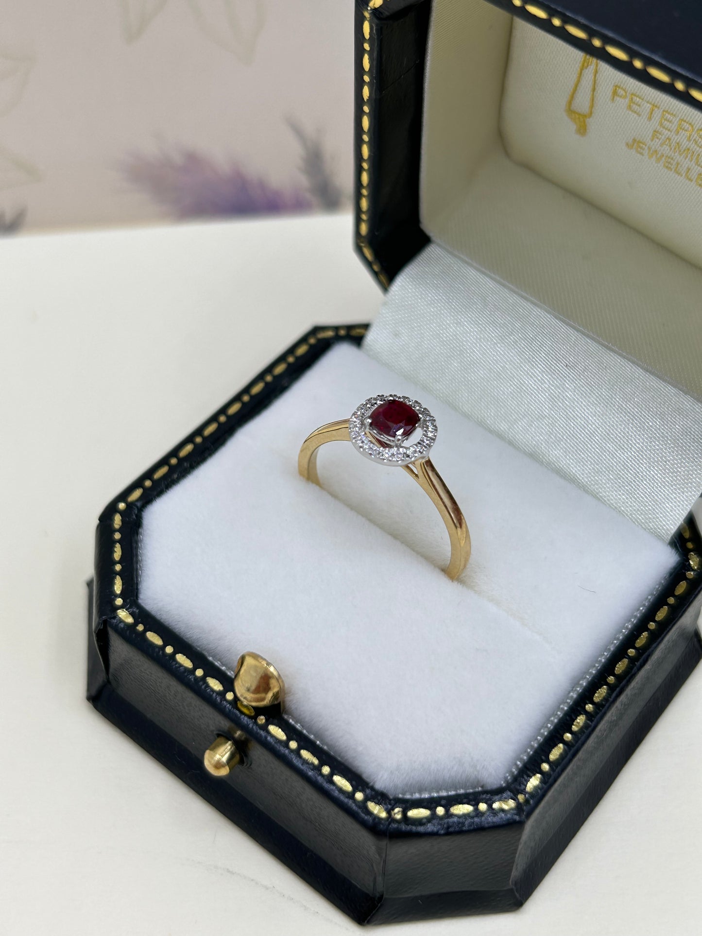 18ct Gold Ruby and Diamond Halo Cluster Ring