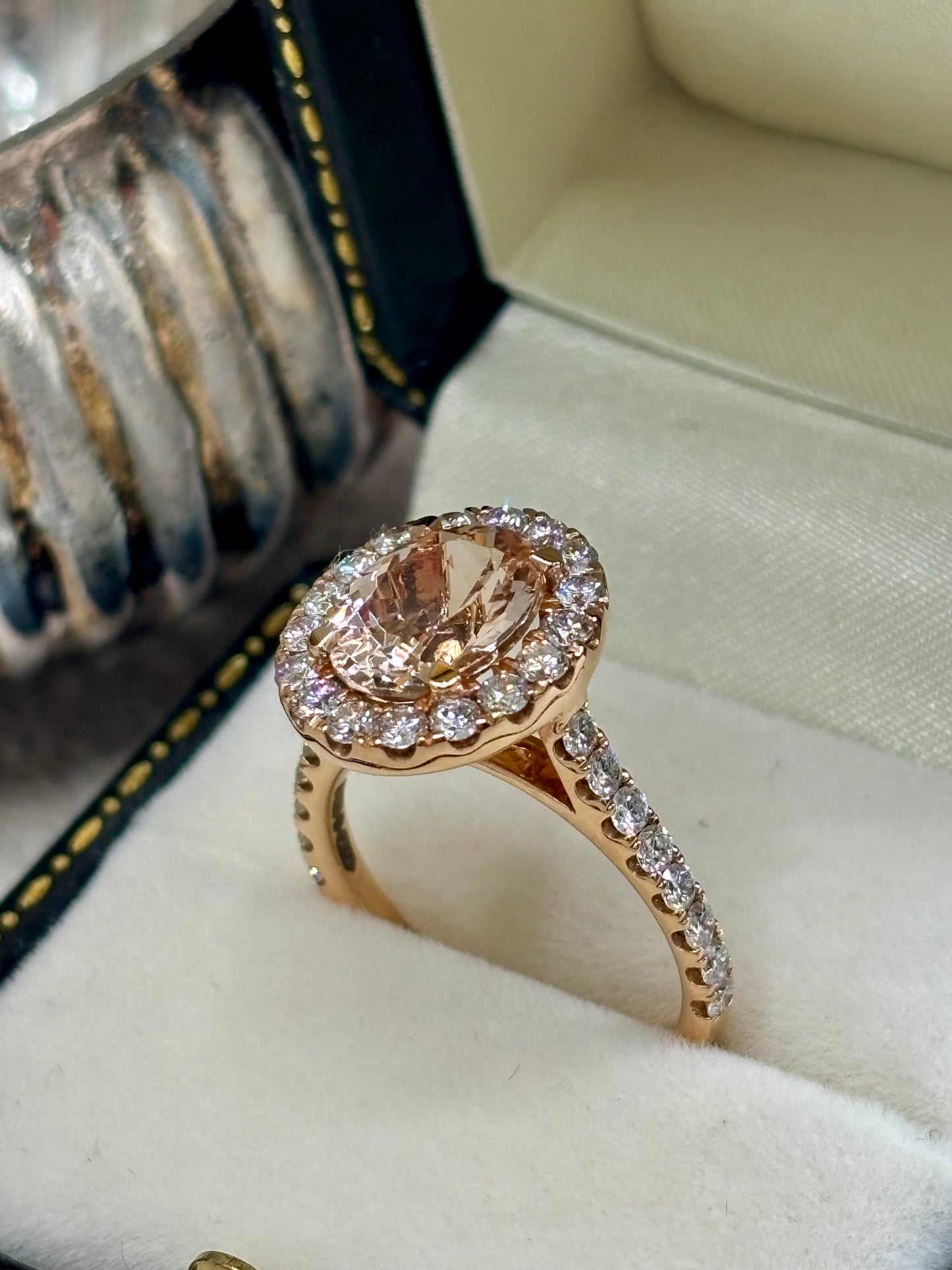 18ct Rose Gold Morganite and Diamond Dress Ring.