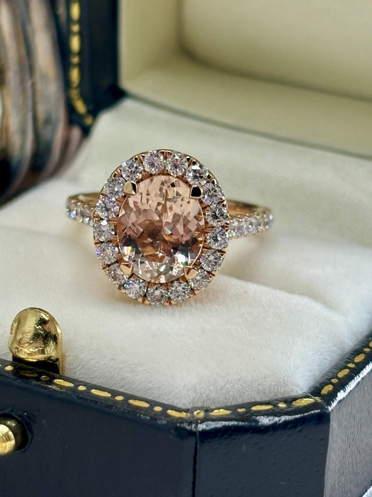 18ct Rose Gold Morganite and Diamond Dress Ring.