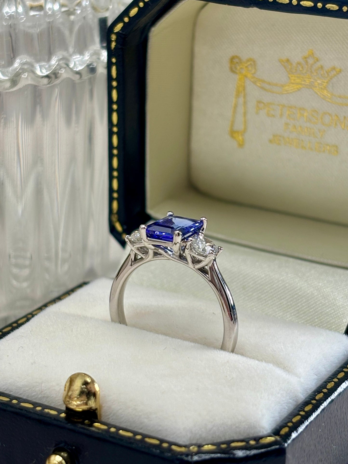 Platinum Tanzanite and Diamond Three Stone Ring.