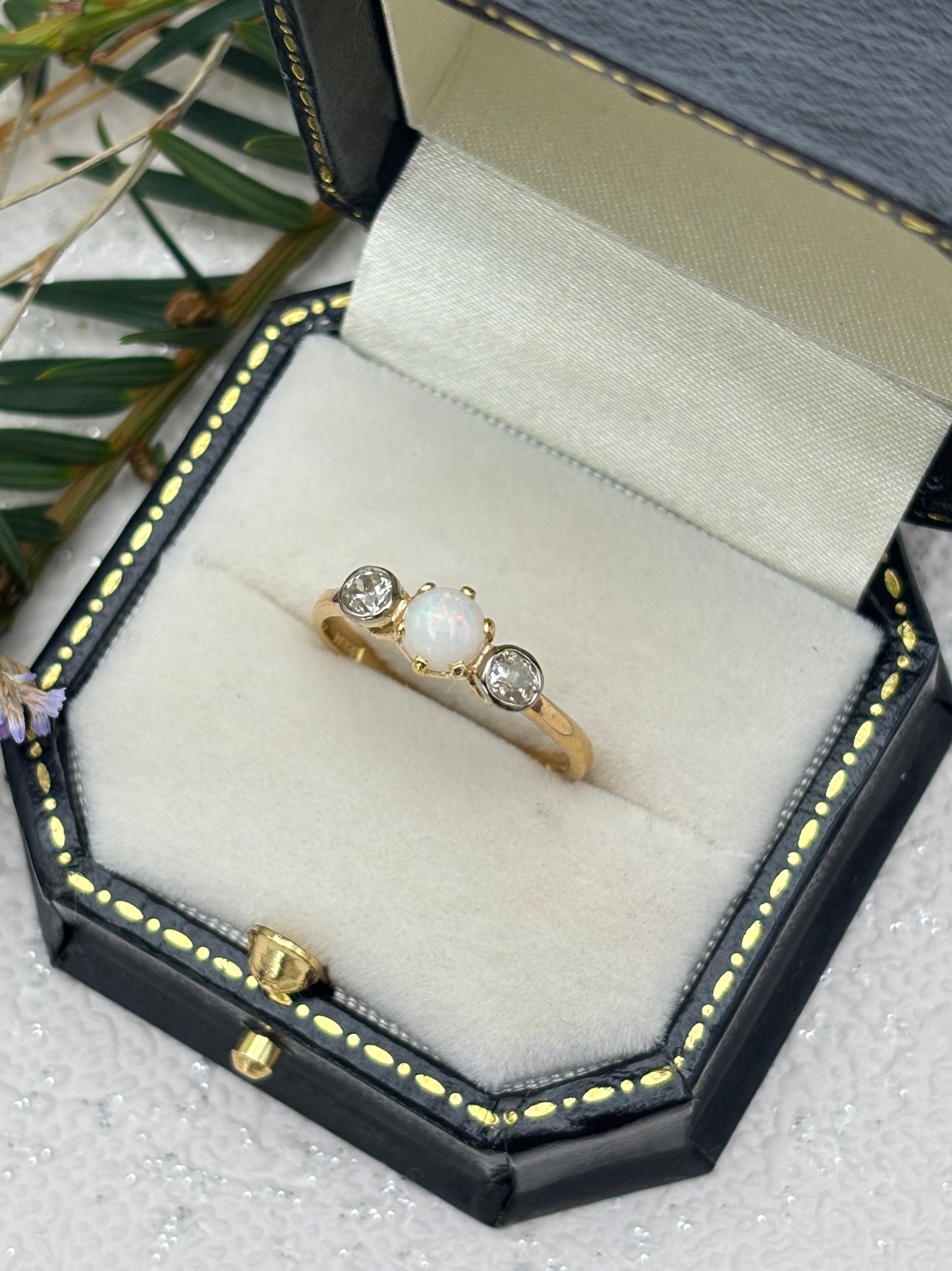 18ct Gold Opal and Diamond Three Stone Ring - Vintage