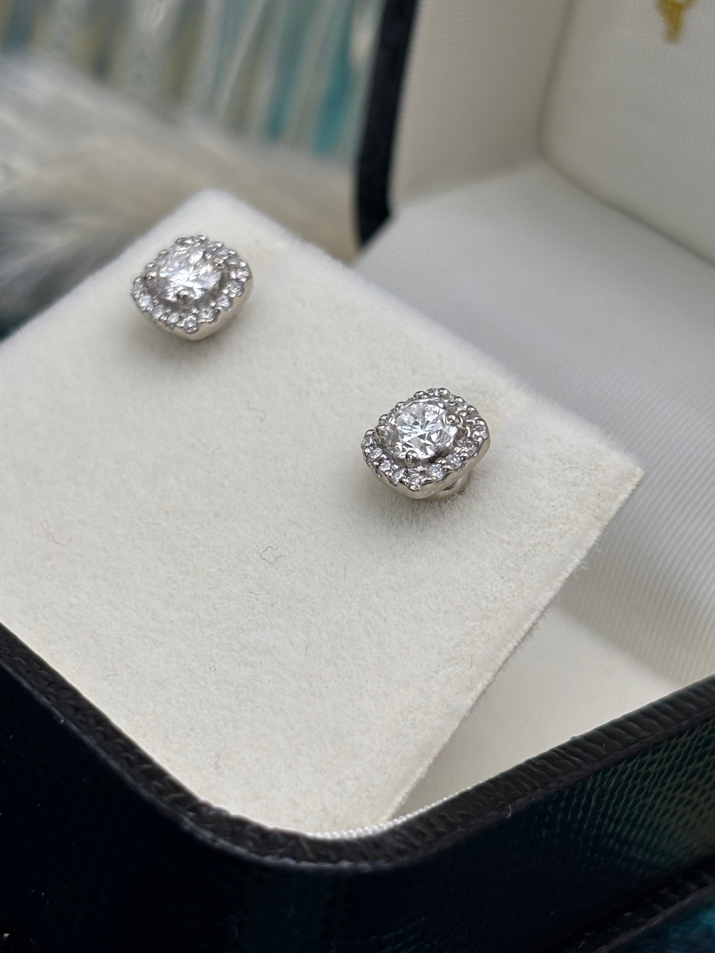 Platinum Diamond Halo Cluster Earrings.