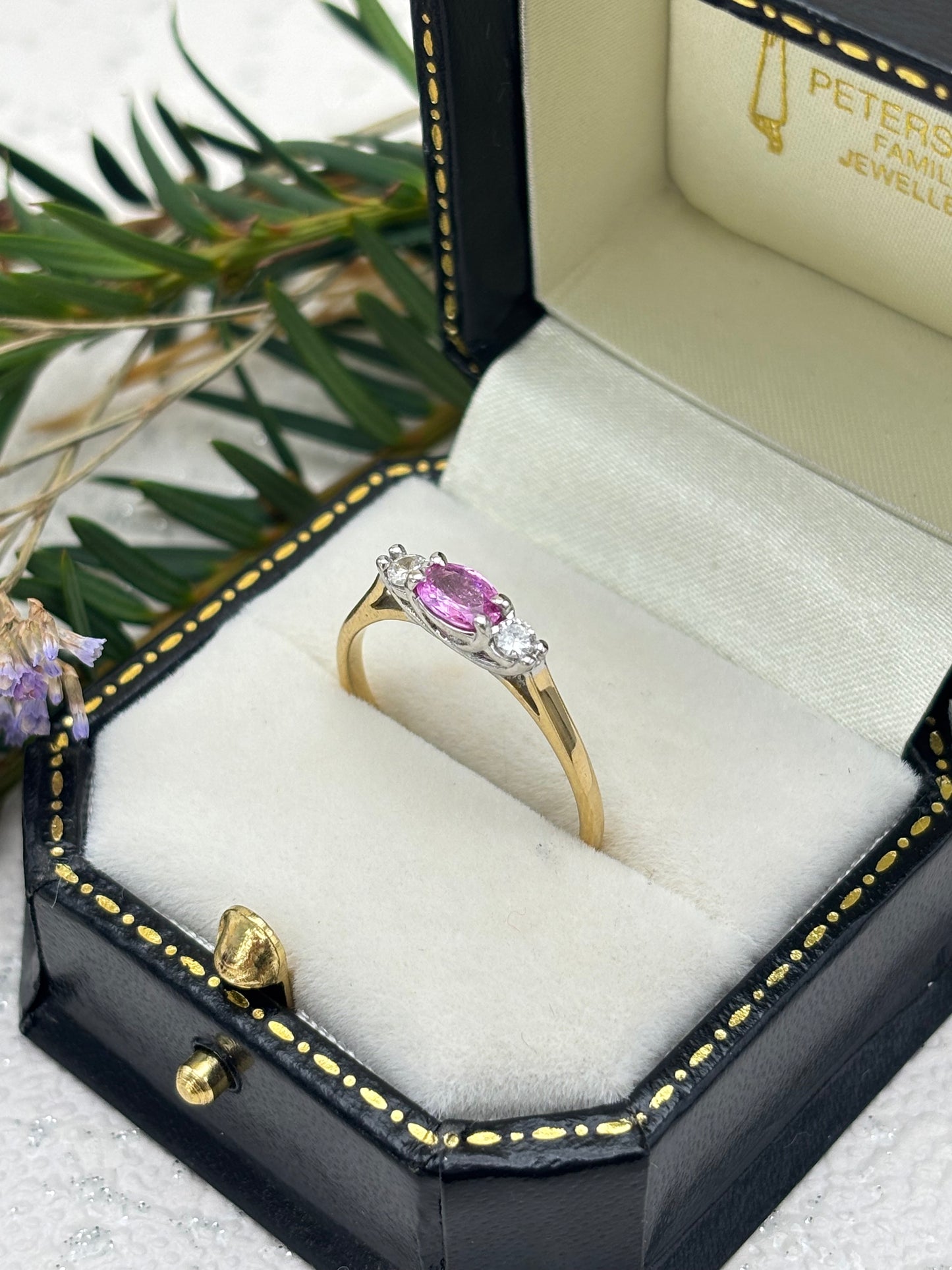 18ct Gold Pink Sapphire and Diamond Three Stone Ring - Pre-owned