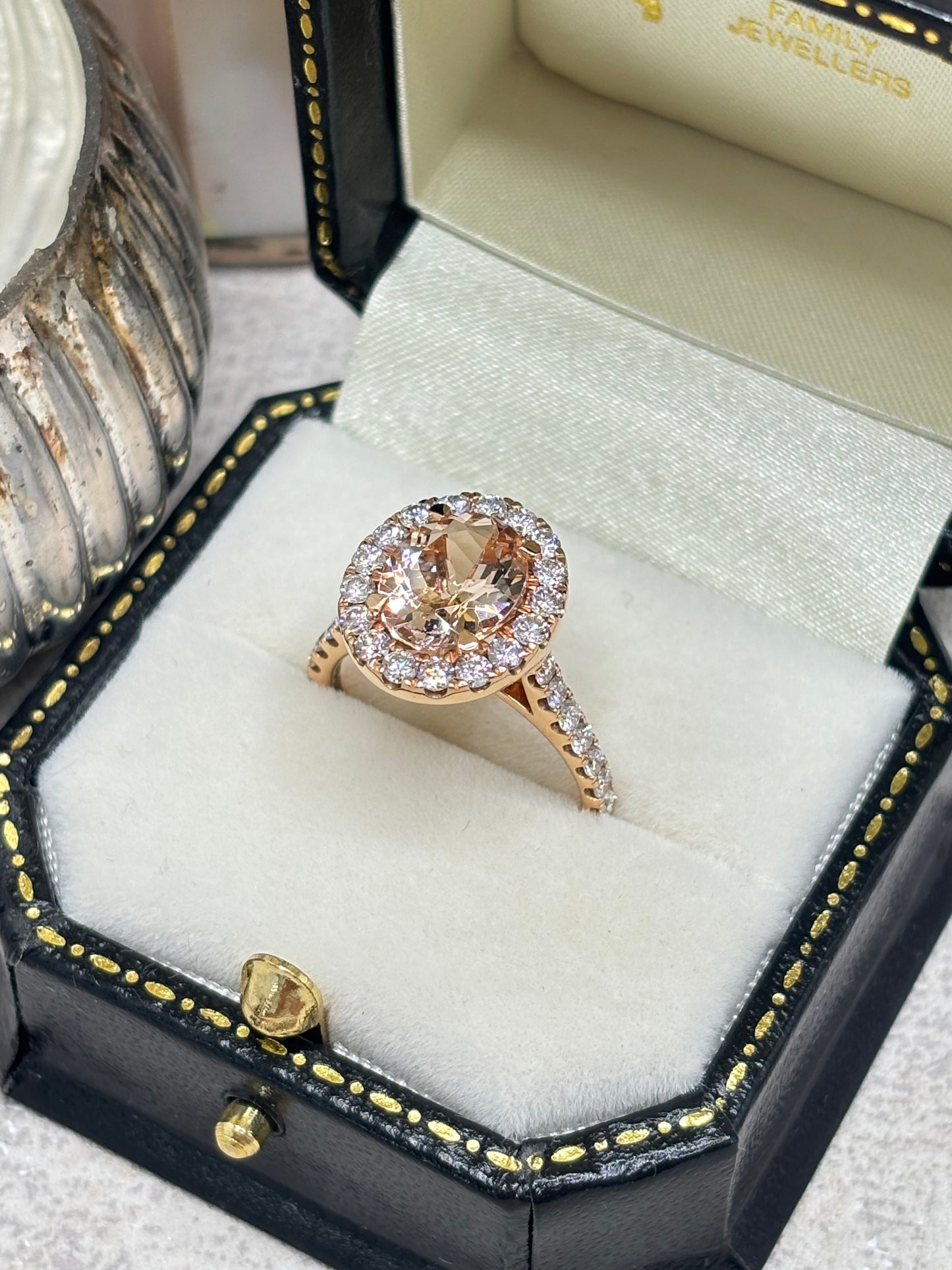 18ct Rose Gold Morganite and Diamond Dress Ring.
