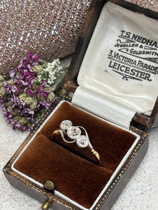 Antique 18ct Gold and Platinum Three Stone Diamond Ring - c.1925