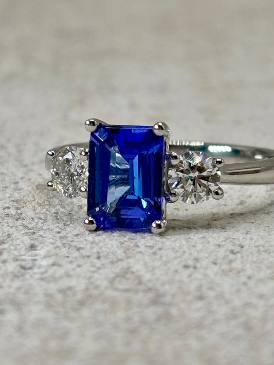 Platinum Tanzanite and Diamond Three Stone Ring.