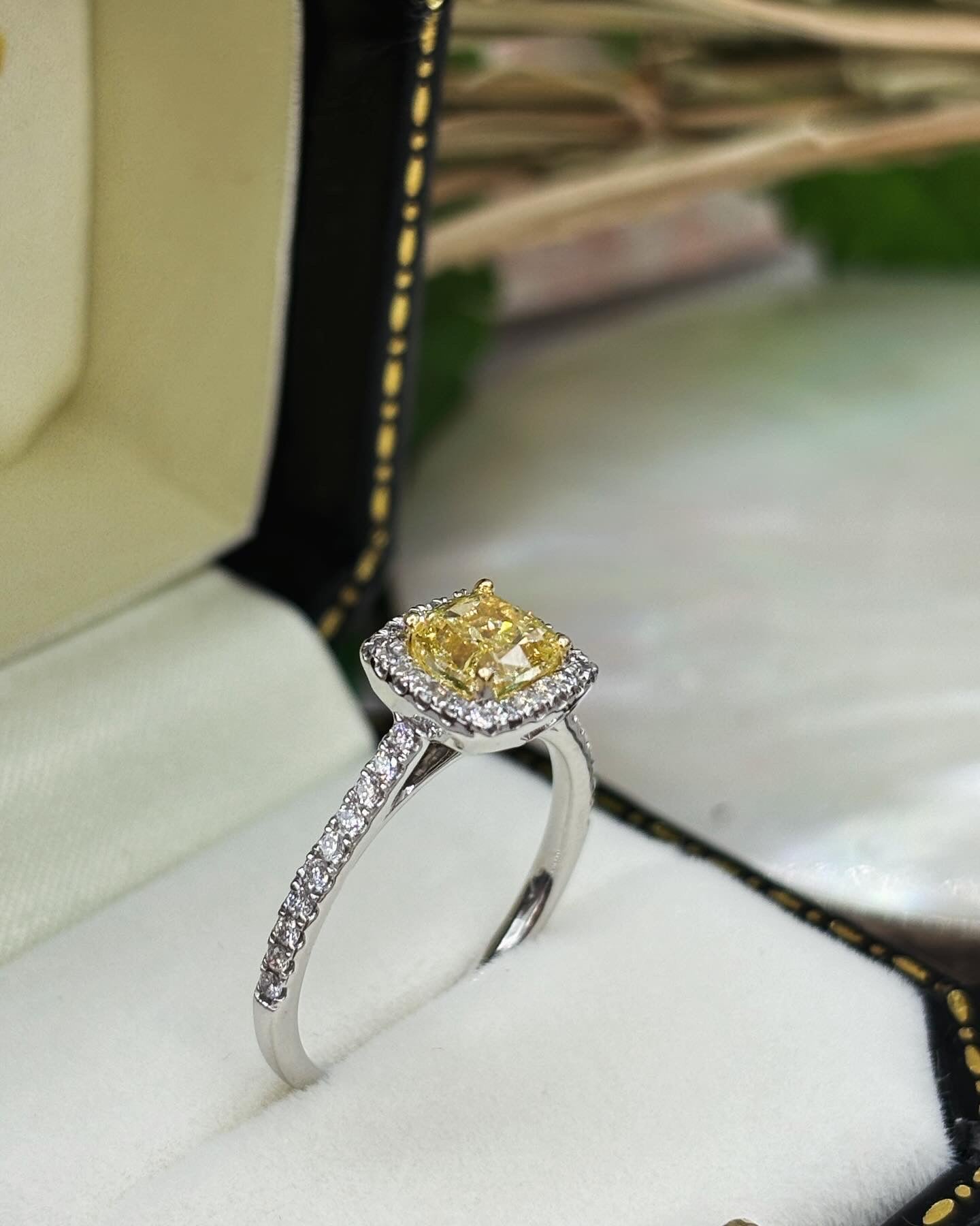 Platinum Yellow Diamond Halo Cluster Ring - Natural