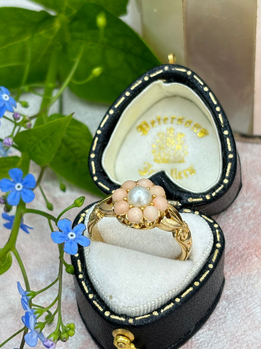 Antique Victorian 18ct Gold Coral and Pearl Ring.