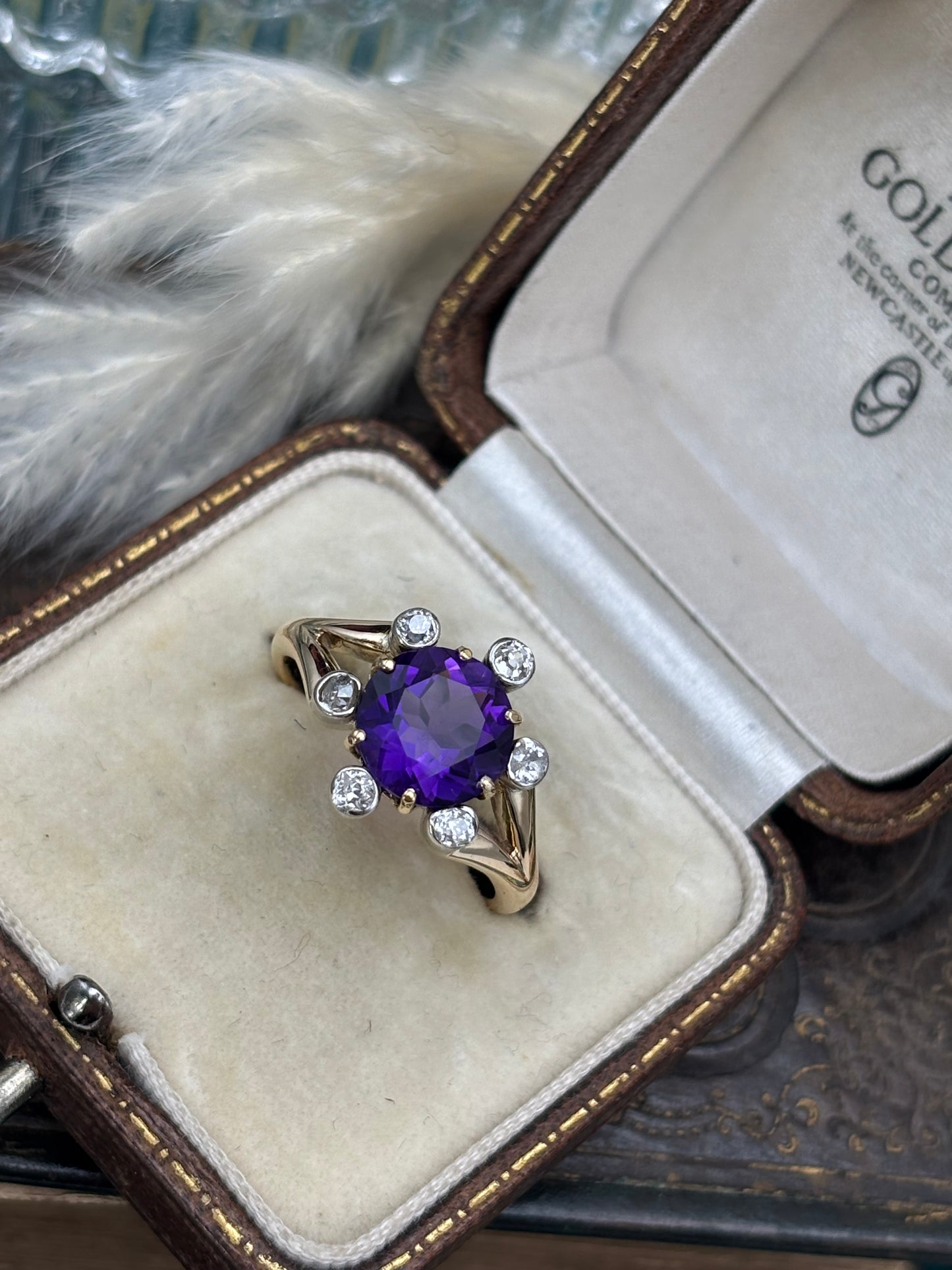 18ct Gold Amethyst and Diamond Cluster Ring - Antique