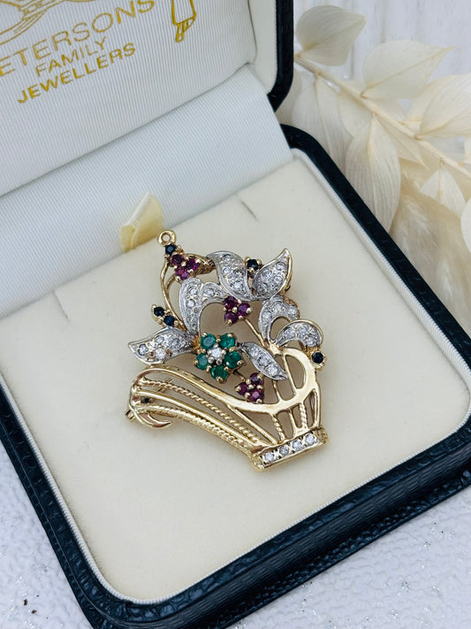 Second-hand 9ct Gold Brooch - Ruby Emerald and Diamond