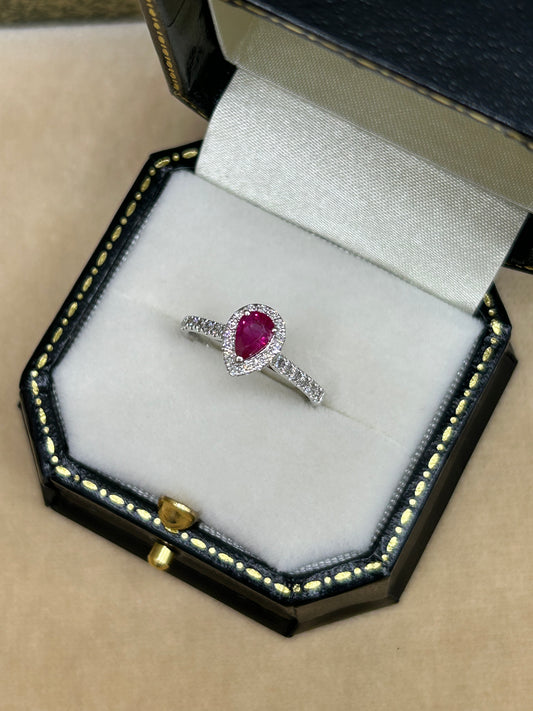 18ct Gold White Ruby and Diamond Halo Cluster Ring