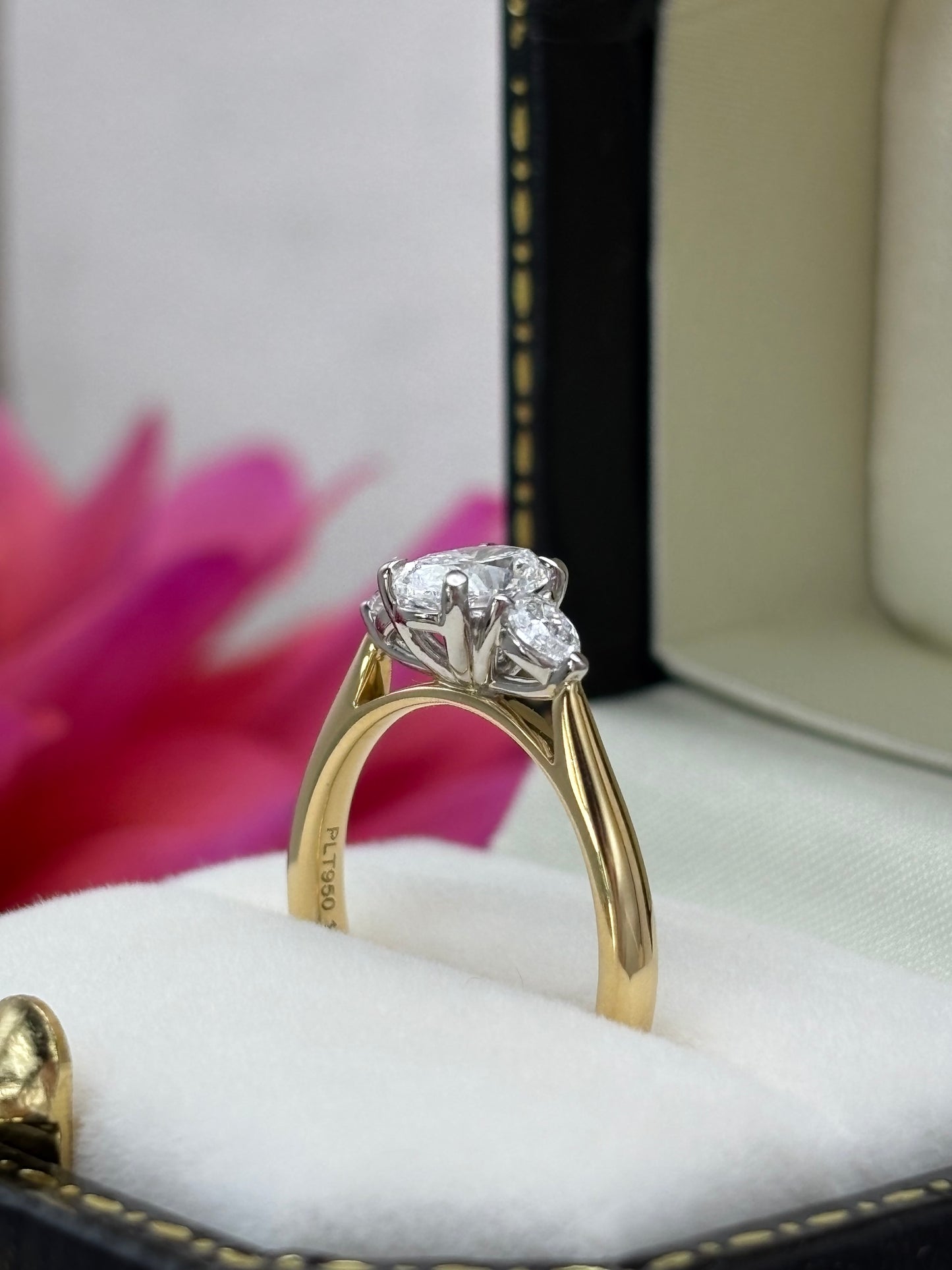 18ct Yellow Gold and Platinum Oval and Pear Cut Diamond Engagement Ring.