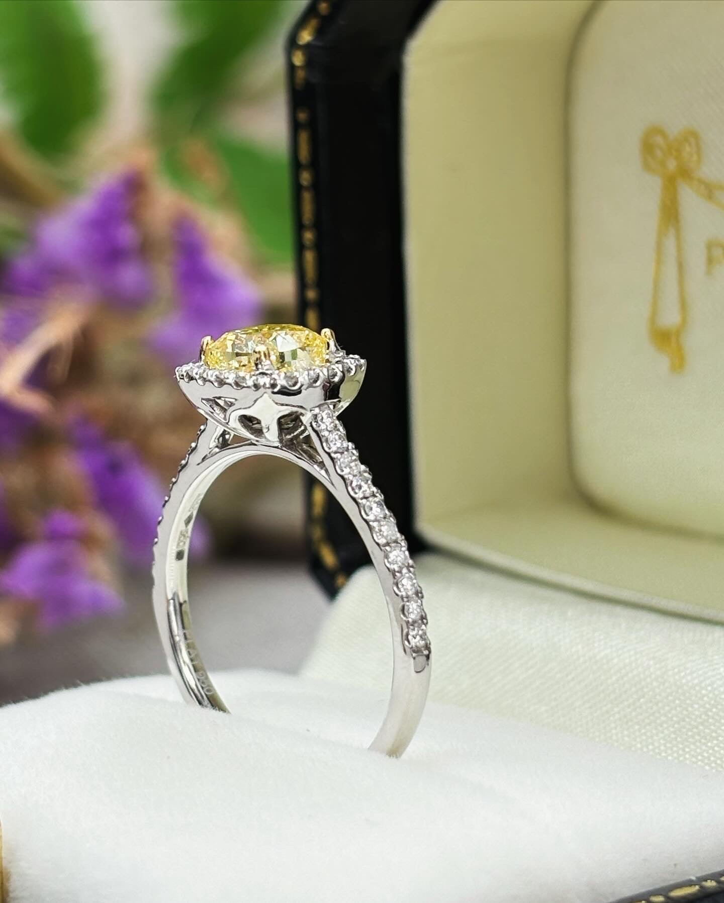 Platinum Yellow Diamond Halo Cluster Ring - Natural