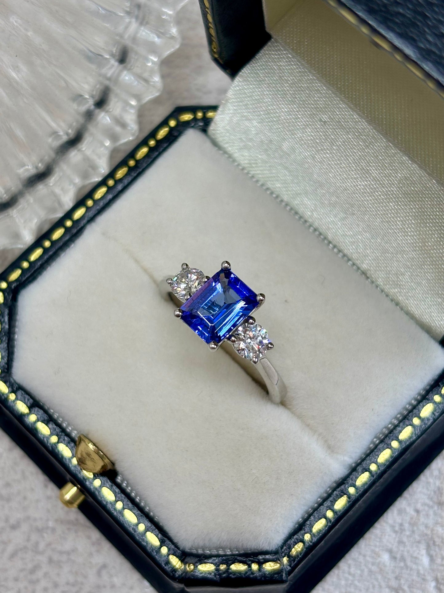 Platinum Tanzanite and Diamond Three Stone Ring.