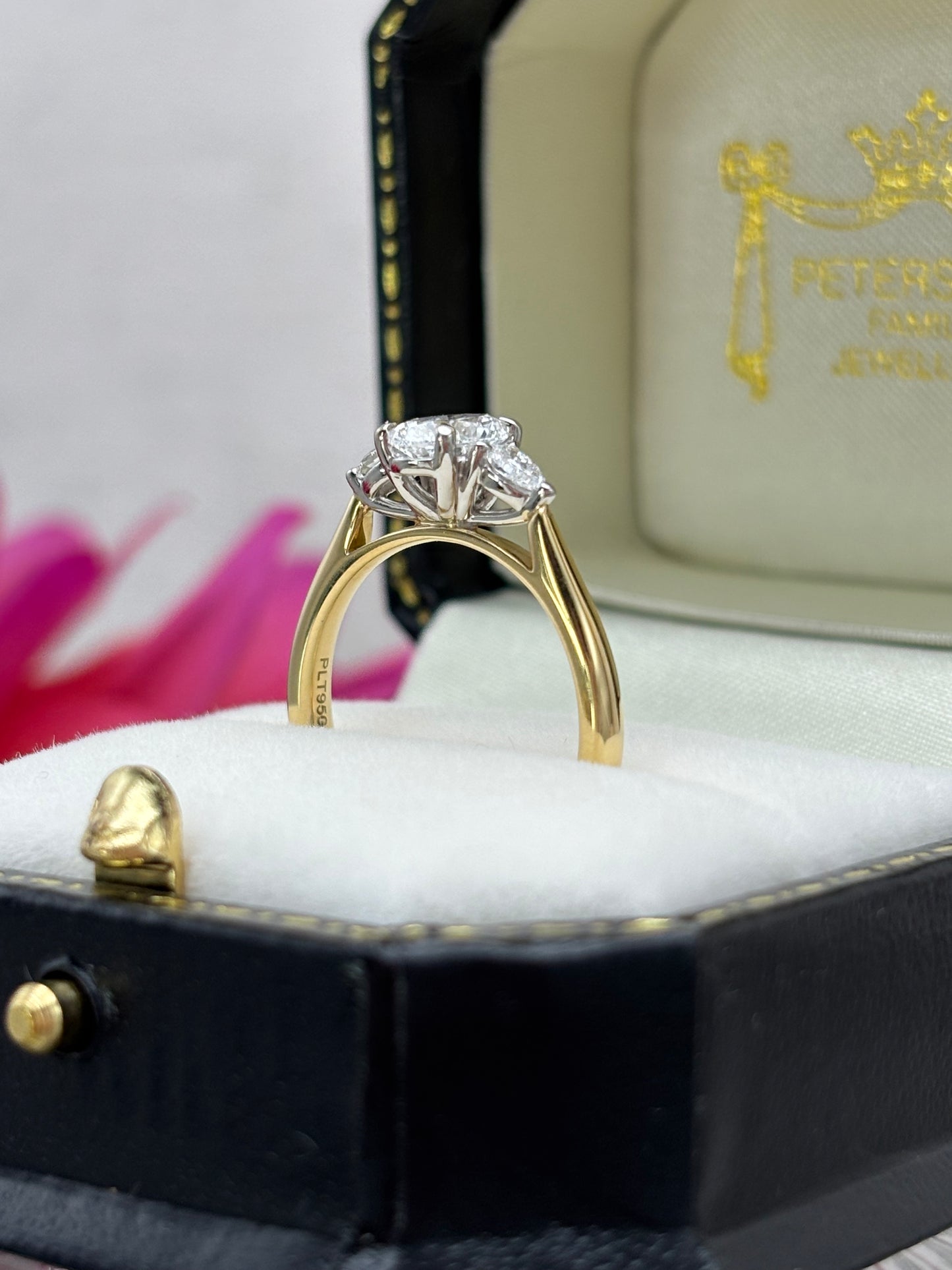 18ct Yellow Gold and Platinum Oval and Pear Cut Diamond Engagement Ring.