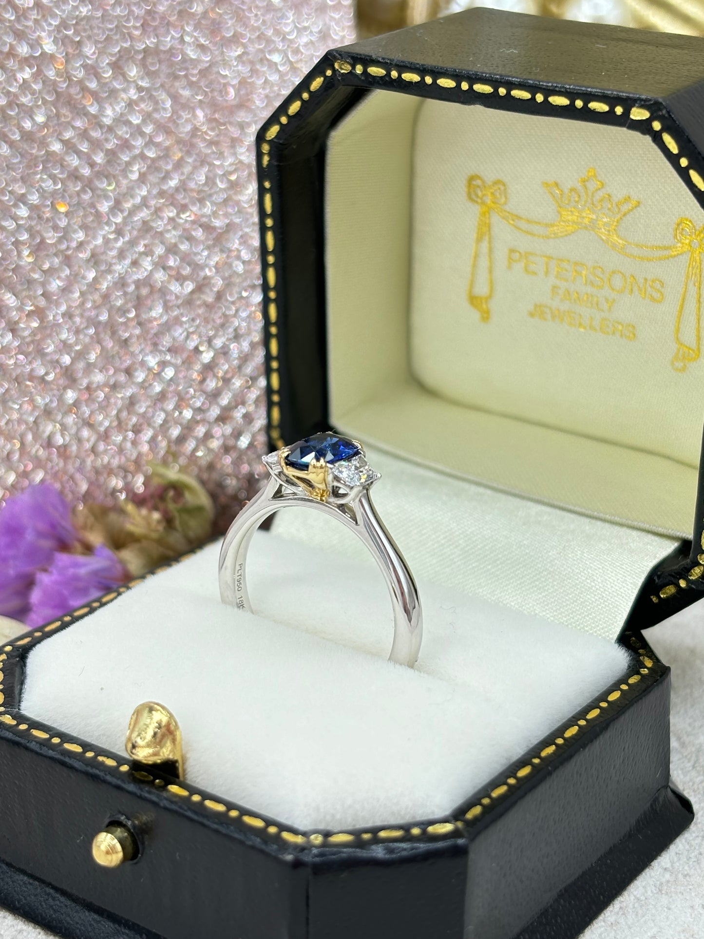 Platinum Sapphire and Diamond Three Stone Ring.