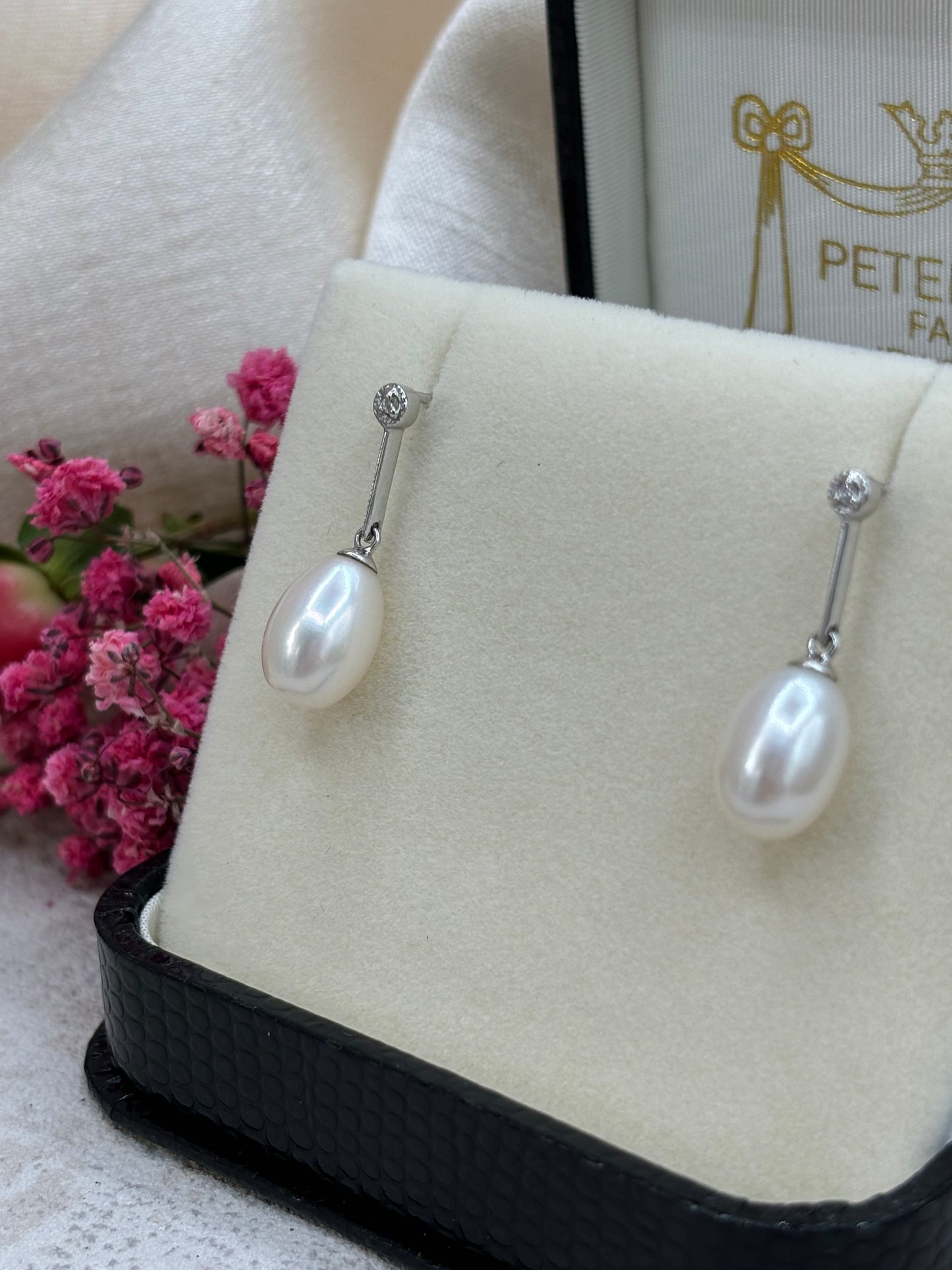9ct White Gold Pearl and Diamond Drop Earrings