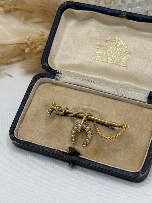 Antique 15ct Gold Seed Pearl Brooch - Stock Pin