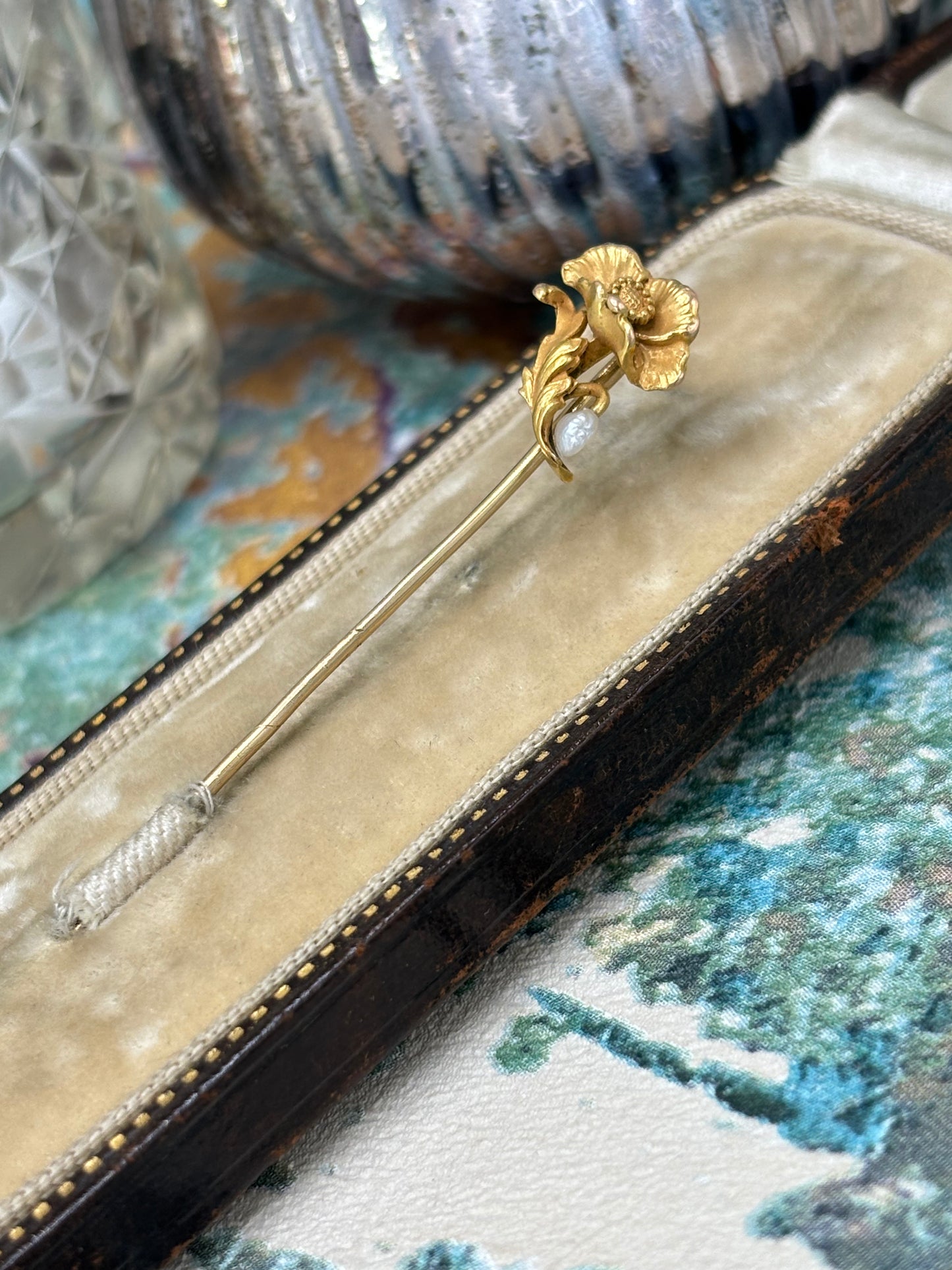 Antique 14ct Gold Pearl Flower Brooch Stick Pin