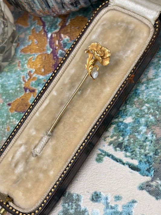 Antique 14ct Gold Pearl Flower Brooch Stick Pin