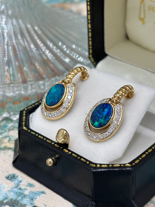 14ct Opal and Diamond Drop Earrings - Pre-owned