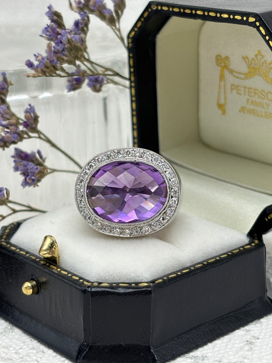 18ct White Gold Amethyst and Diamond Dress Ring - Pre-owned