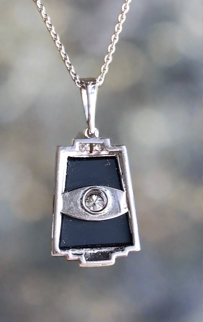 Antique Onyx and Diamond Art Deco Pendant.