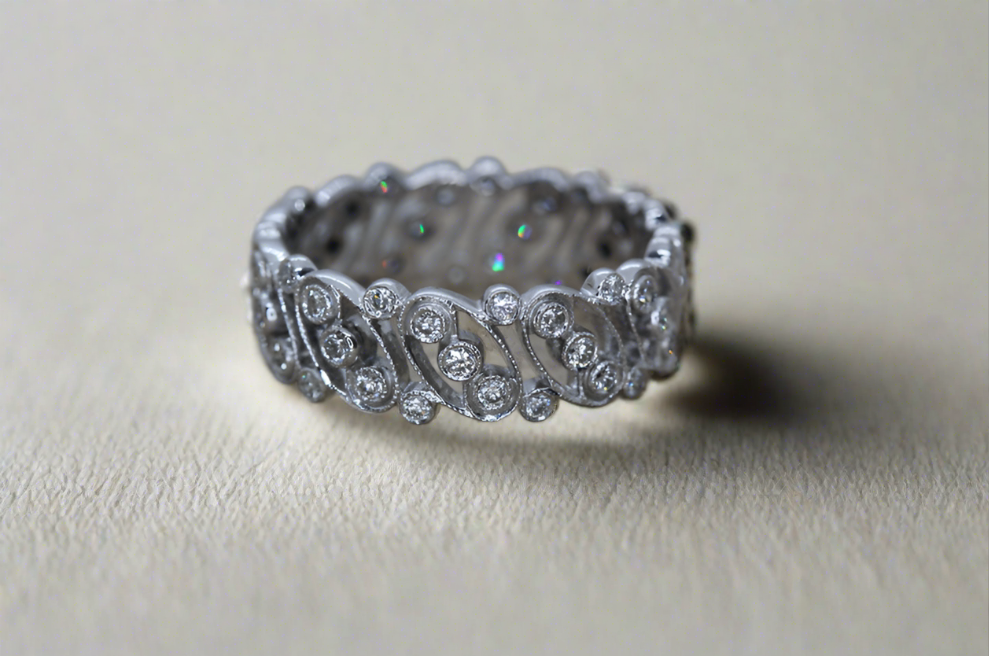 18ct White Gold Diamond Set Filigree Band