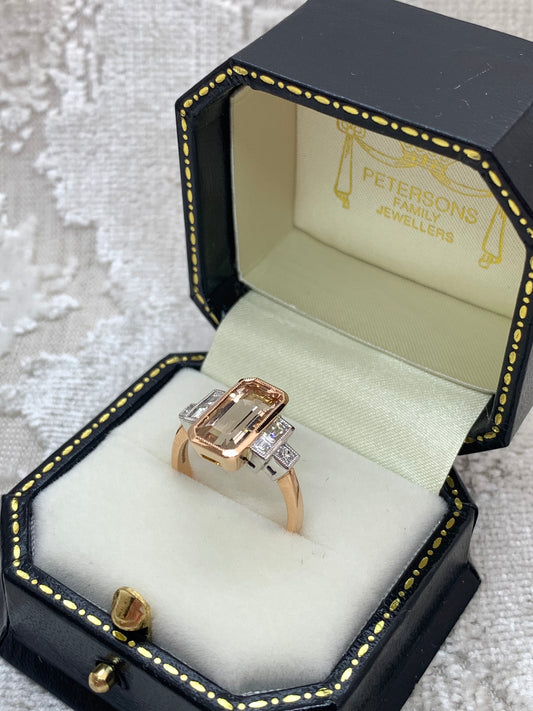 18ct Rose Gold Art Deco Style Morganite and Diamond Ring
