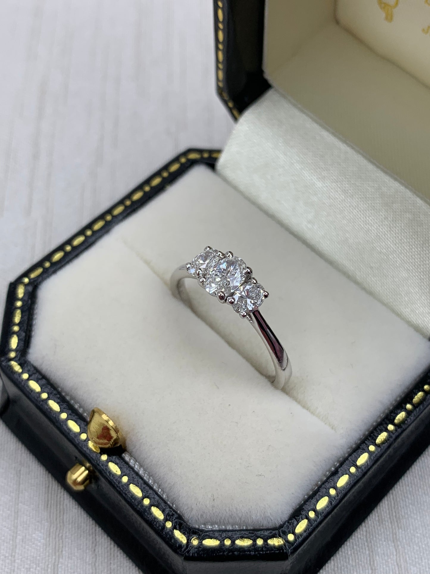 Platinum Oval Diamond Three Stone Ring.