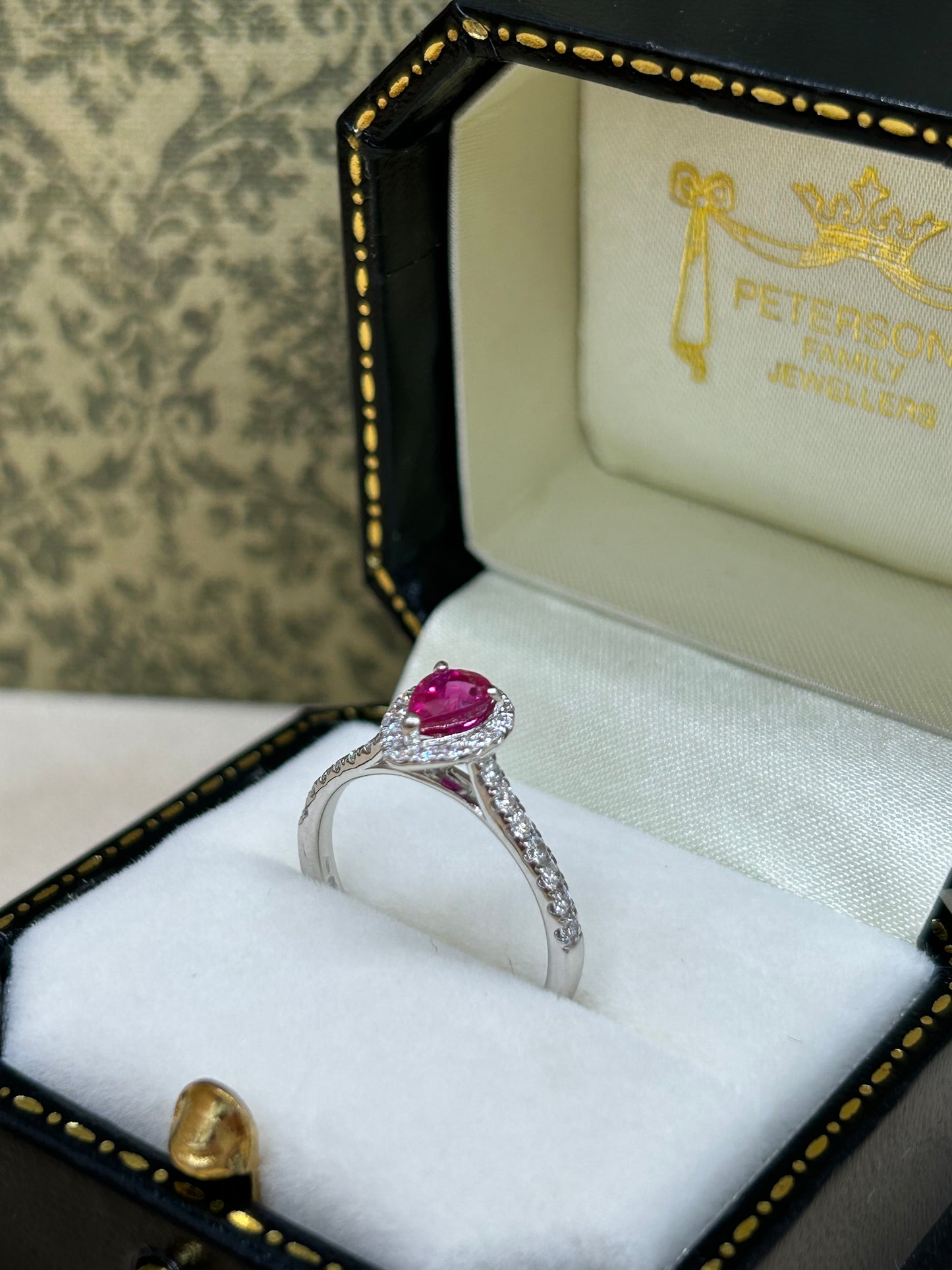 18ct Gold White Ruby and Diamond Halo Cluster Ring