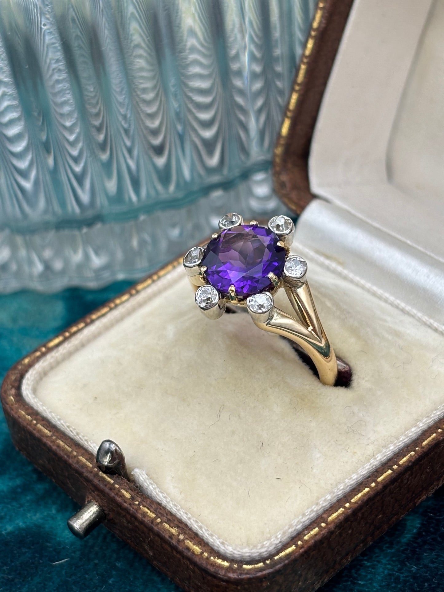 18ct Gold Amethyst and Diamond Cluster Ring - Antique