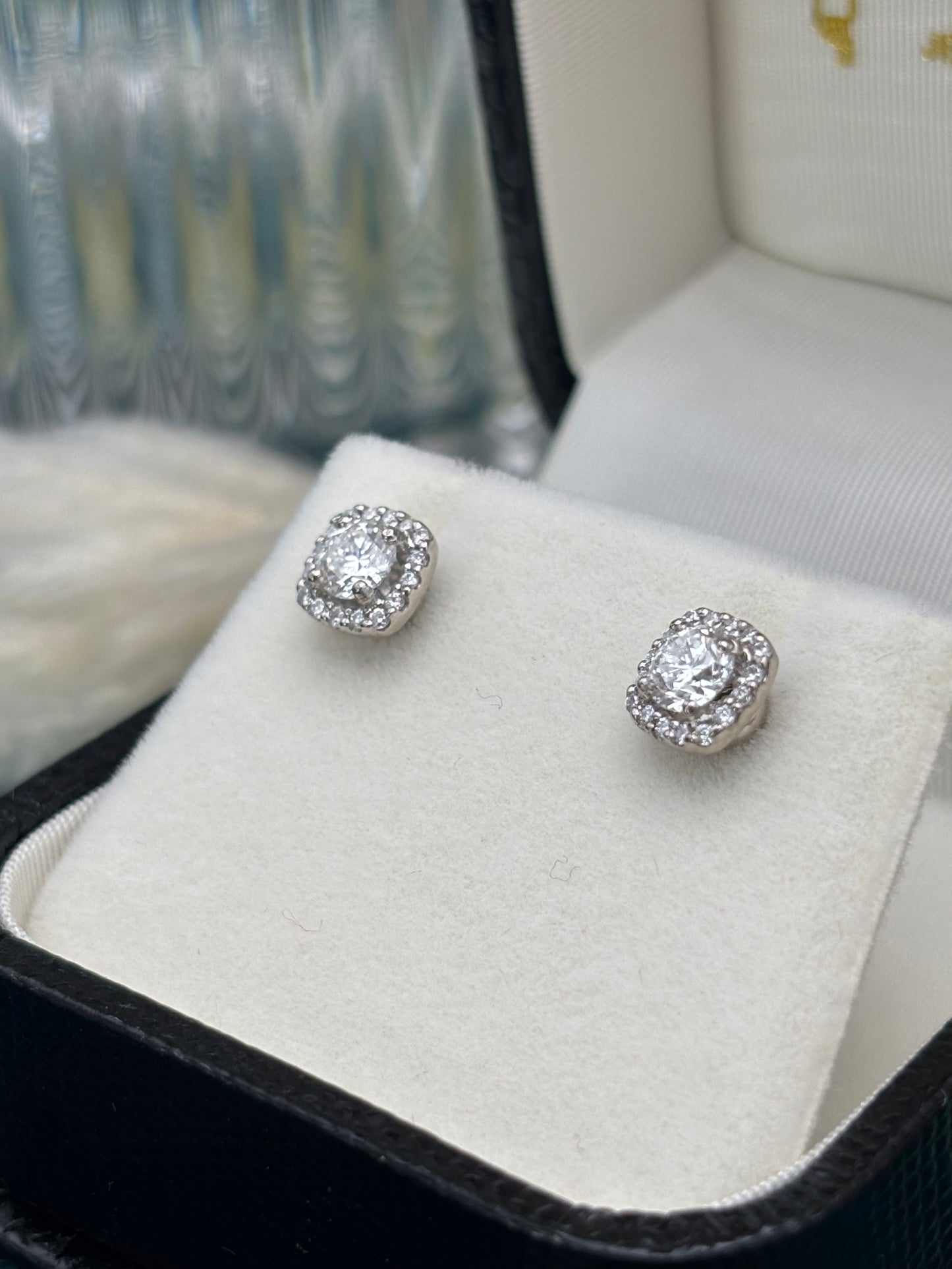 Platinum Diamond Halo Cluster Earrings.